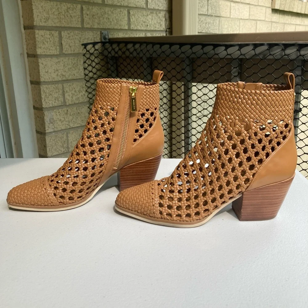 Michael Kors Augustine Tan Brown Woven Leather Ankle Bootie Western Style Boot